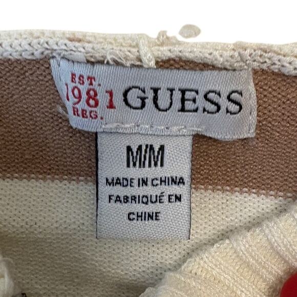 Guess Striped Ribbed Hooded Full Zip Sweater Slim Fit White Brown Size Medium - Picture 3 of 7